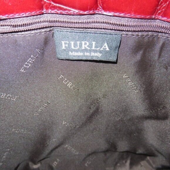 FURLA Vintage Croc Embossed Maroon Red Italian Leather Tote Handbag - Picture 9 of 12